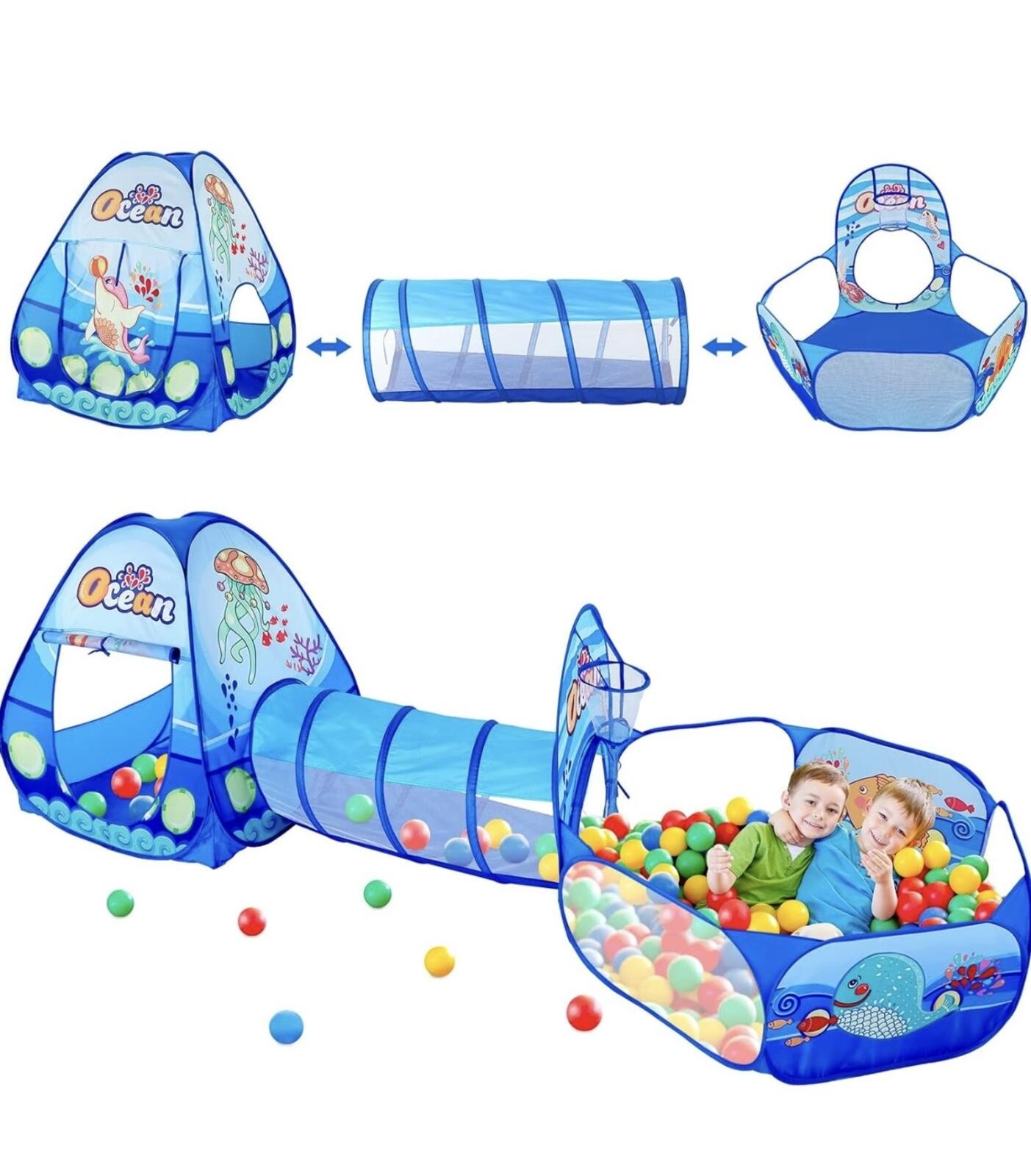 Kids 3pc Ocean Pop Up Play Tent Tunnel Ball Pit Hoop