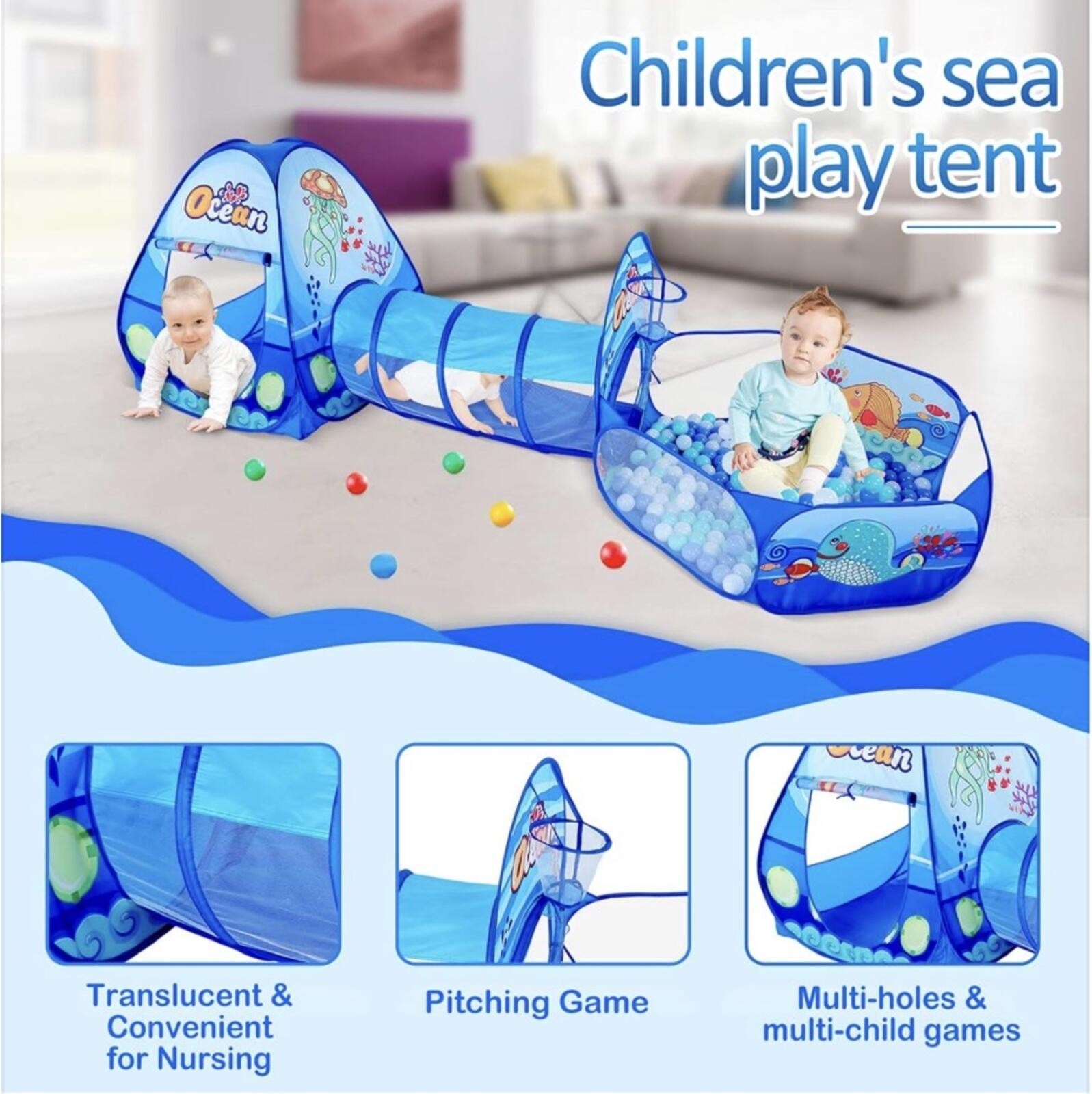 Kids 3pc Ocean Pop Up Play Tent Tunnel Ball Pit Hoop - photo 2