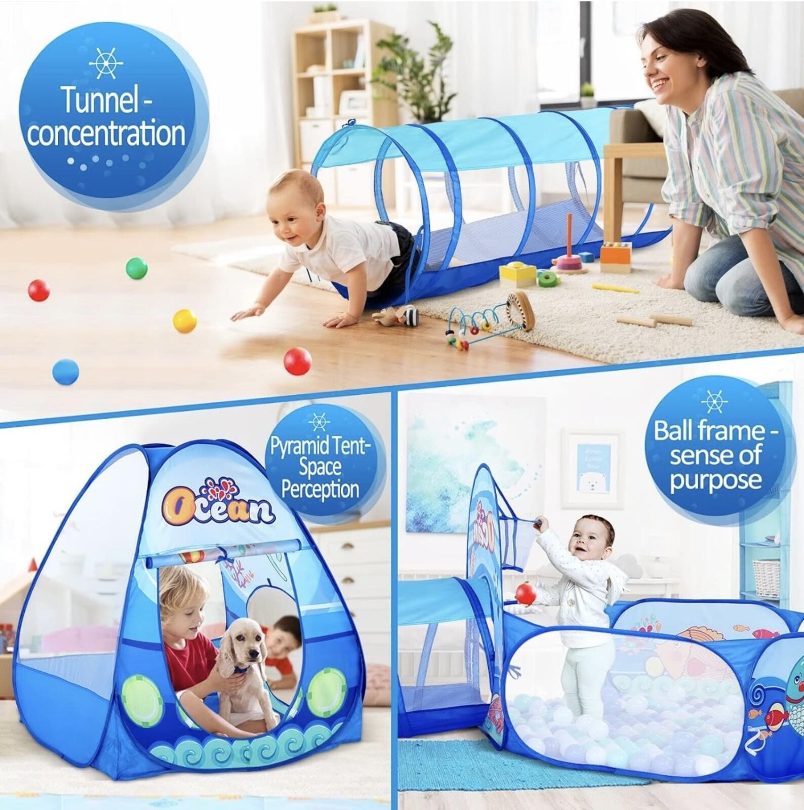 Kids 3pc Ocean Pop Up Play Tent Tunnel Ball Pit Hoop - photo 3