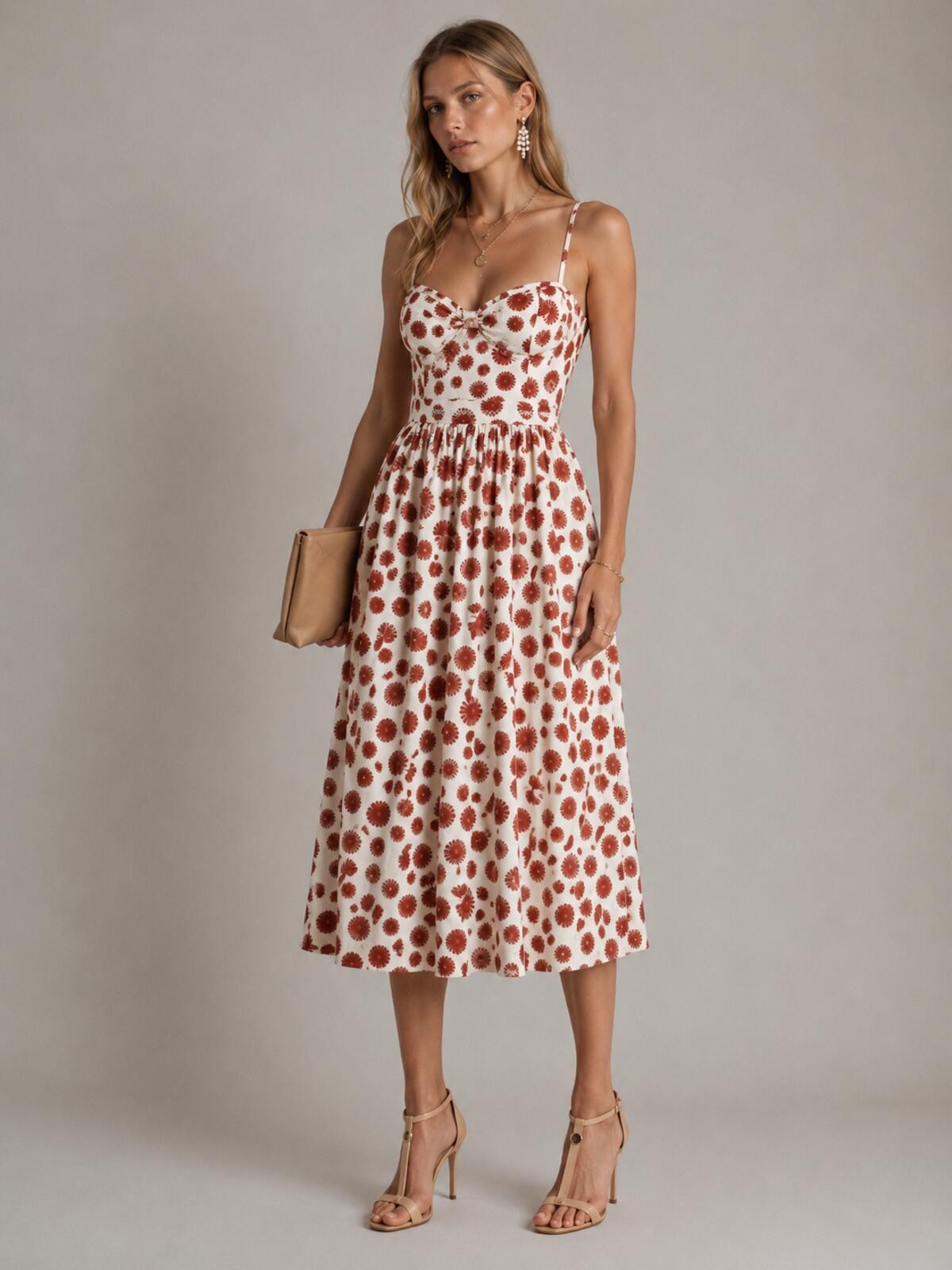 Agua Bendita Acacia Bustier Linen Midi Dress White Red Print L
