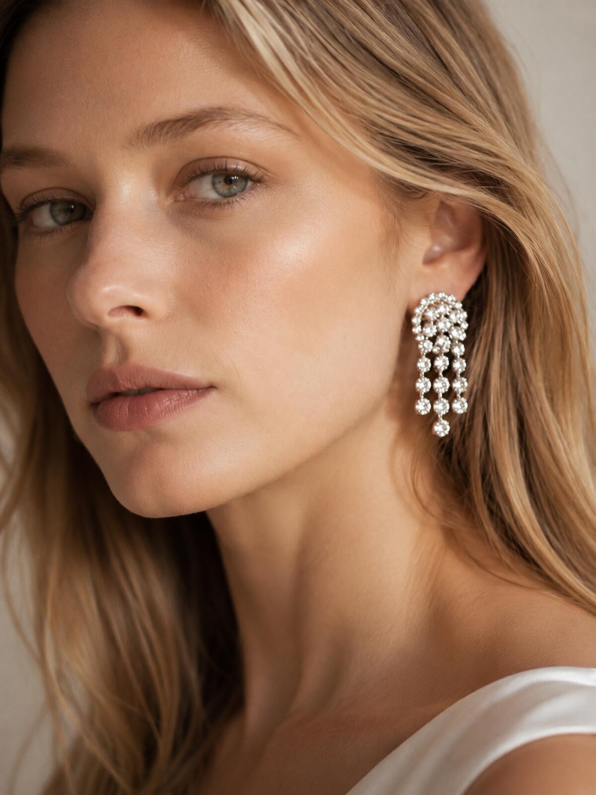 Alessandra Rich Crystal Cascade Drop Clip-On Earrings Silver 3”