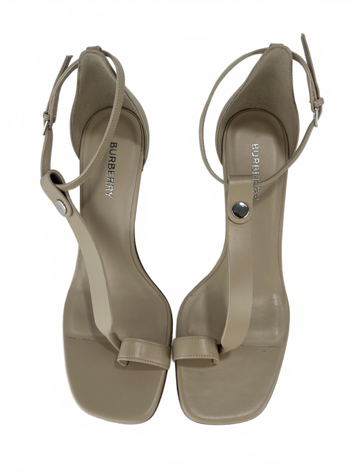 Burberry Stefanie Square Toe Ring Leather Heeled Sandals Beige E - photo 5