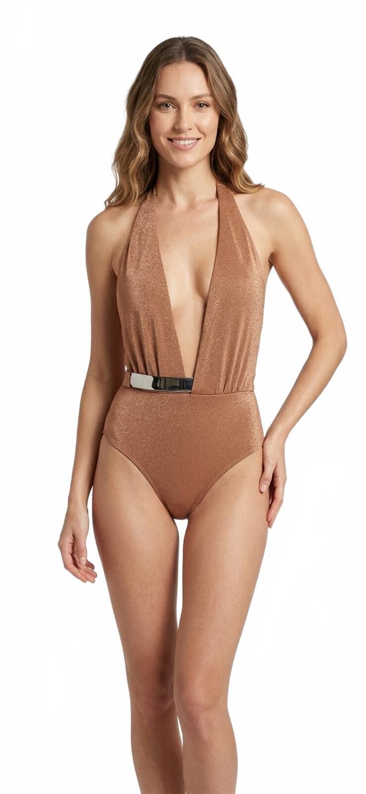 MOEVA Bridget Halterneck One-Piece Swimsuit Metallic Bronze Brow