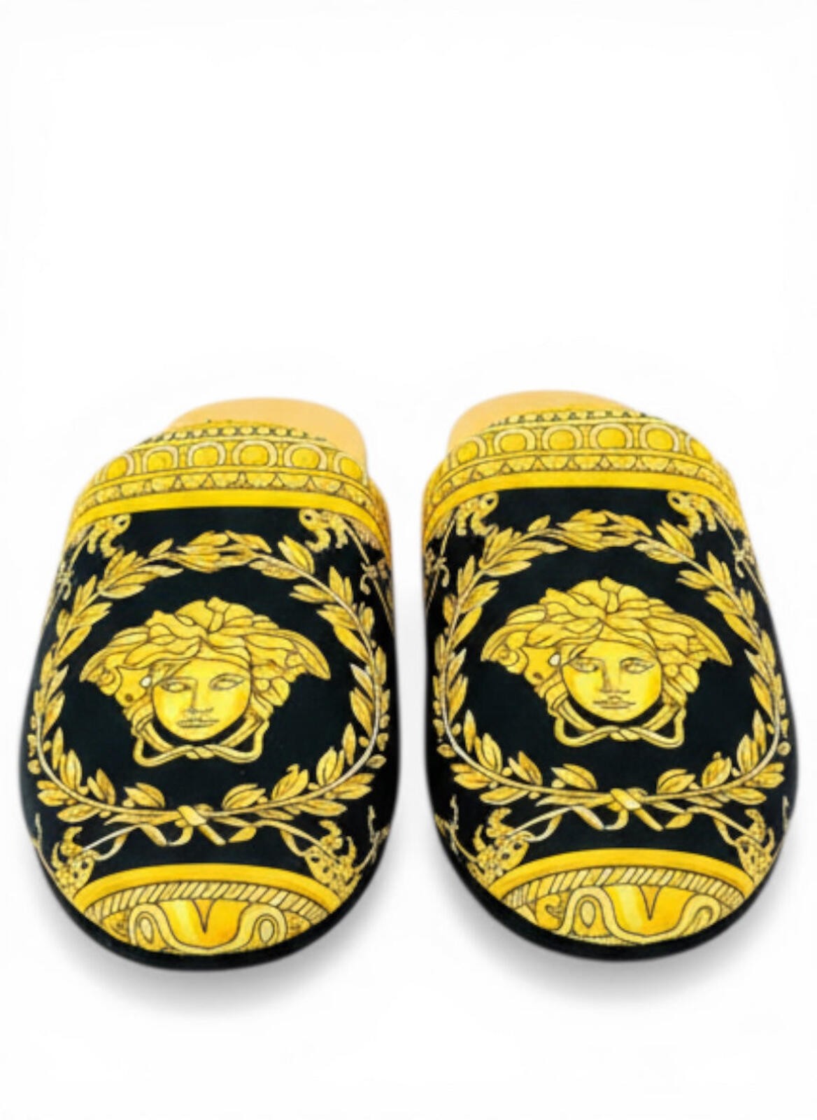 Versace Medusa Baroque Black Gold Satin Slippers EU 41 US 8 Men