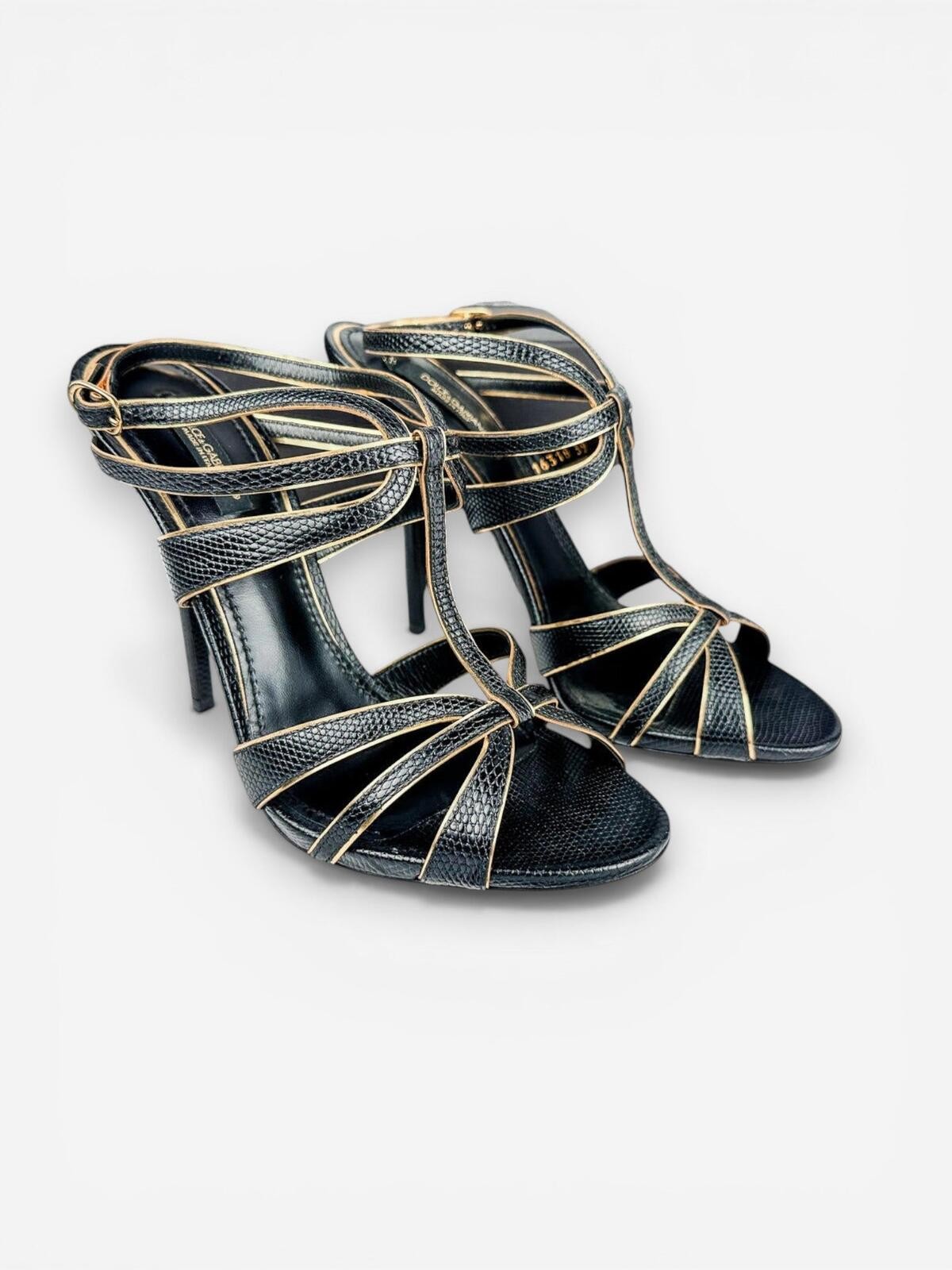 Dolce & Gabbana Black Gold Embossed Calfskin Ankle Strap Stilett