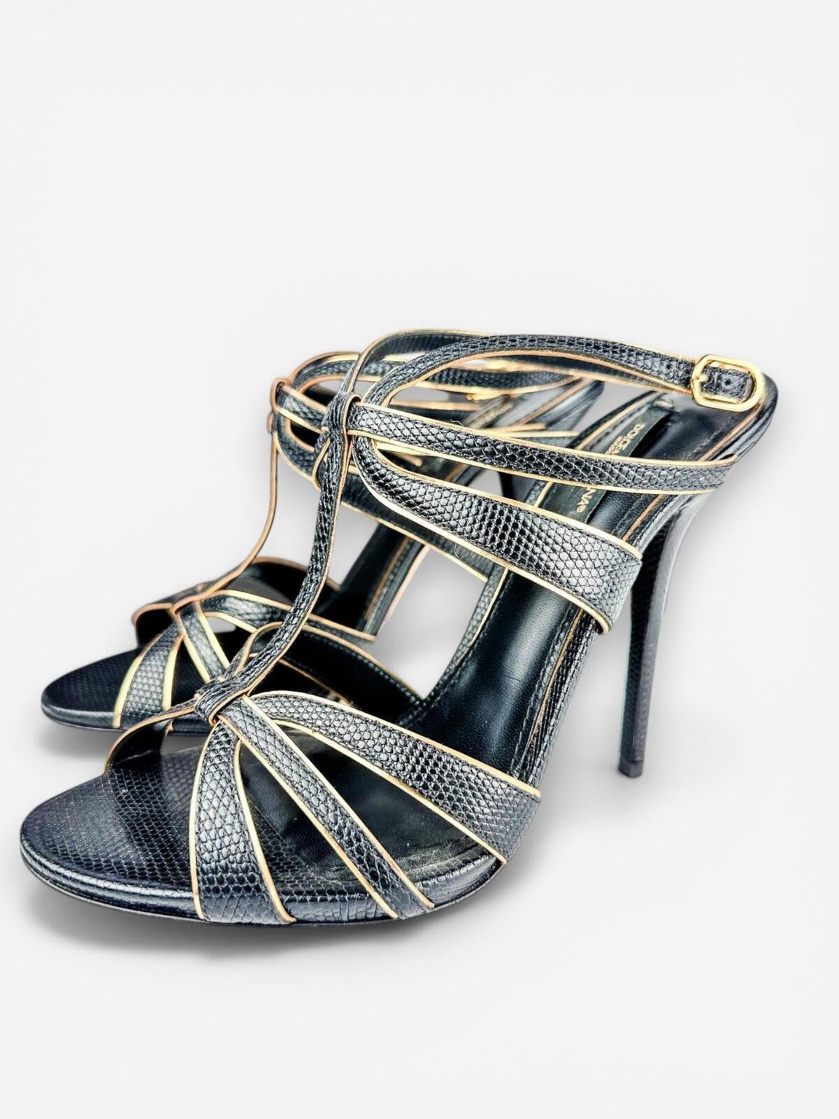 Dolce & Gabbana Black Gold Embossed Calfskin Ankle Strap Stilett - photo 3