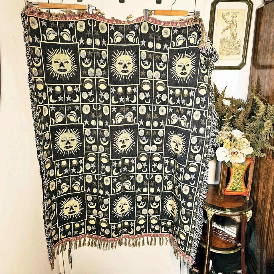 Vintage 90s Celestial Sun Moon Stars Tapestry Throw Blanket