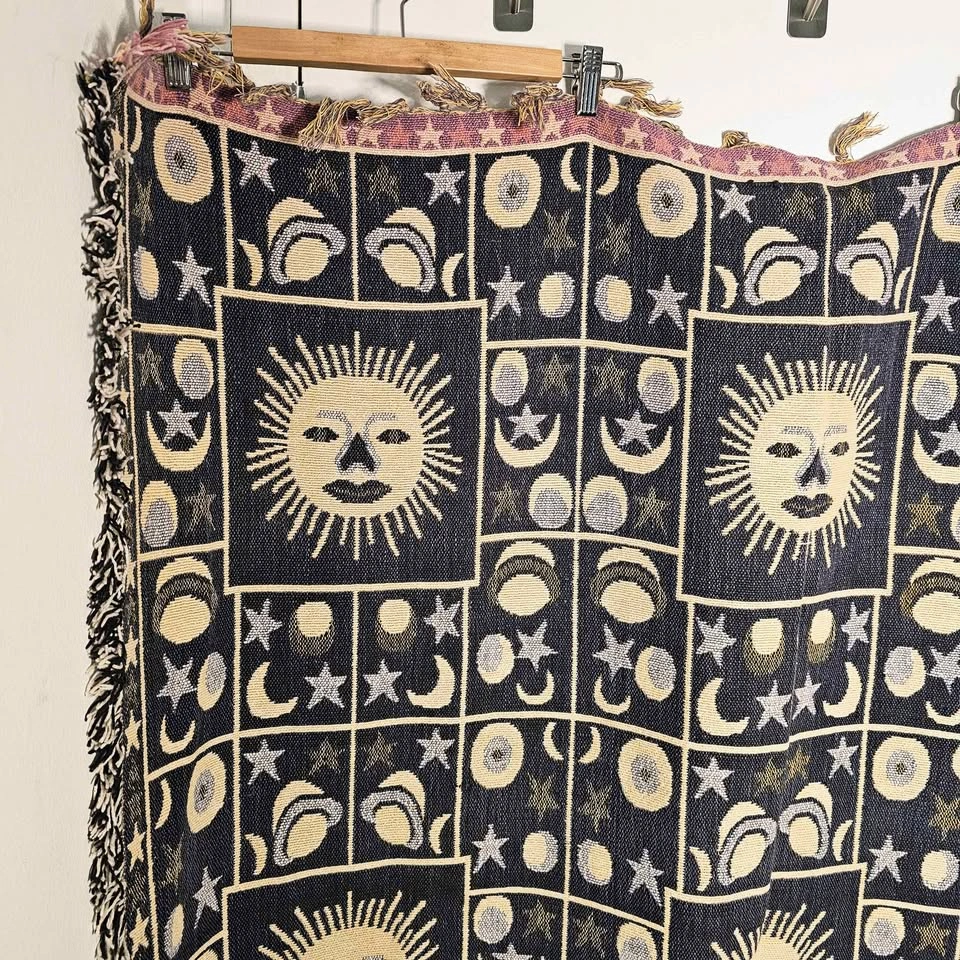 Vintage 90s Celestial Sun Moon Stars Tapestry Throw Blanket - photo 2