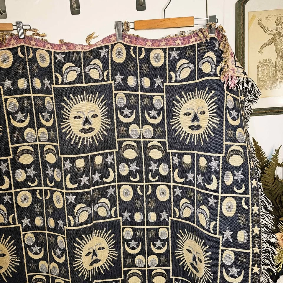 Vintage 90s Celestial Sun Moon Stars Tapestry Throw Blanket - photo 3