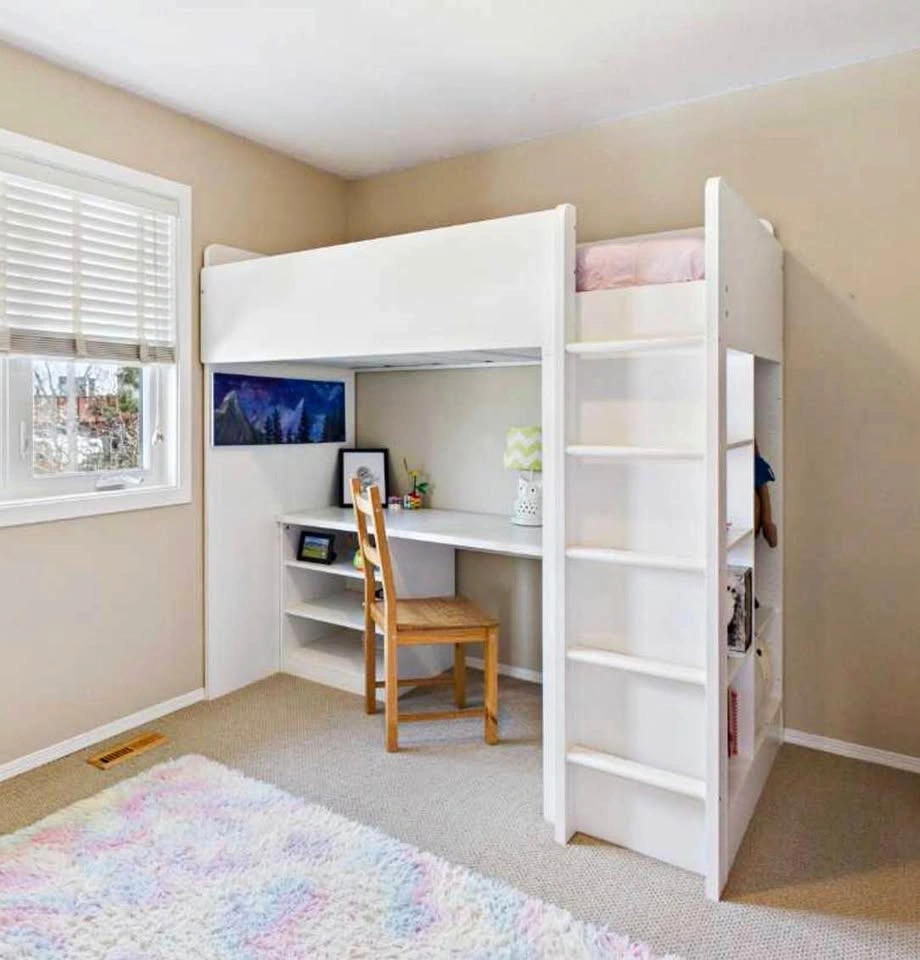 Loft bed with bookshelf and desk
