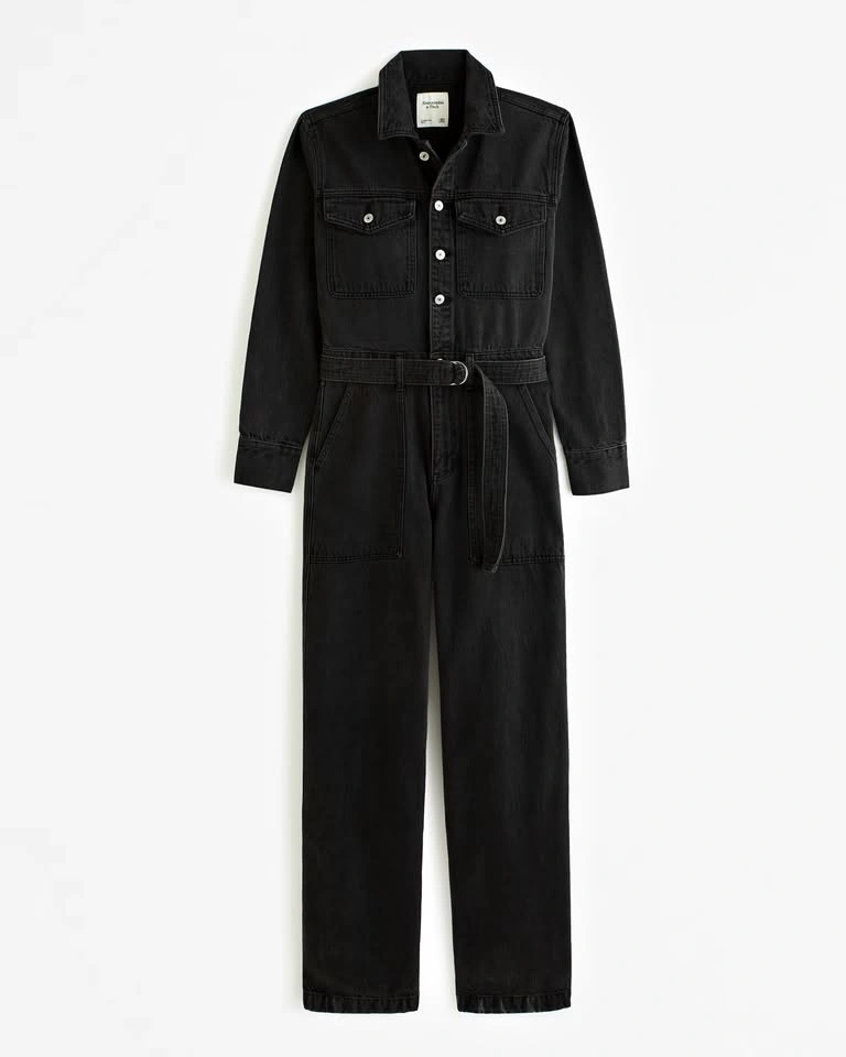 Size M Petite Abercrombie Long-Sleeve Denim Jumpsuit