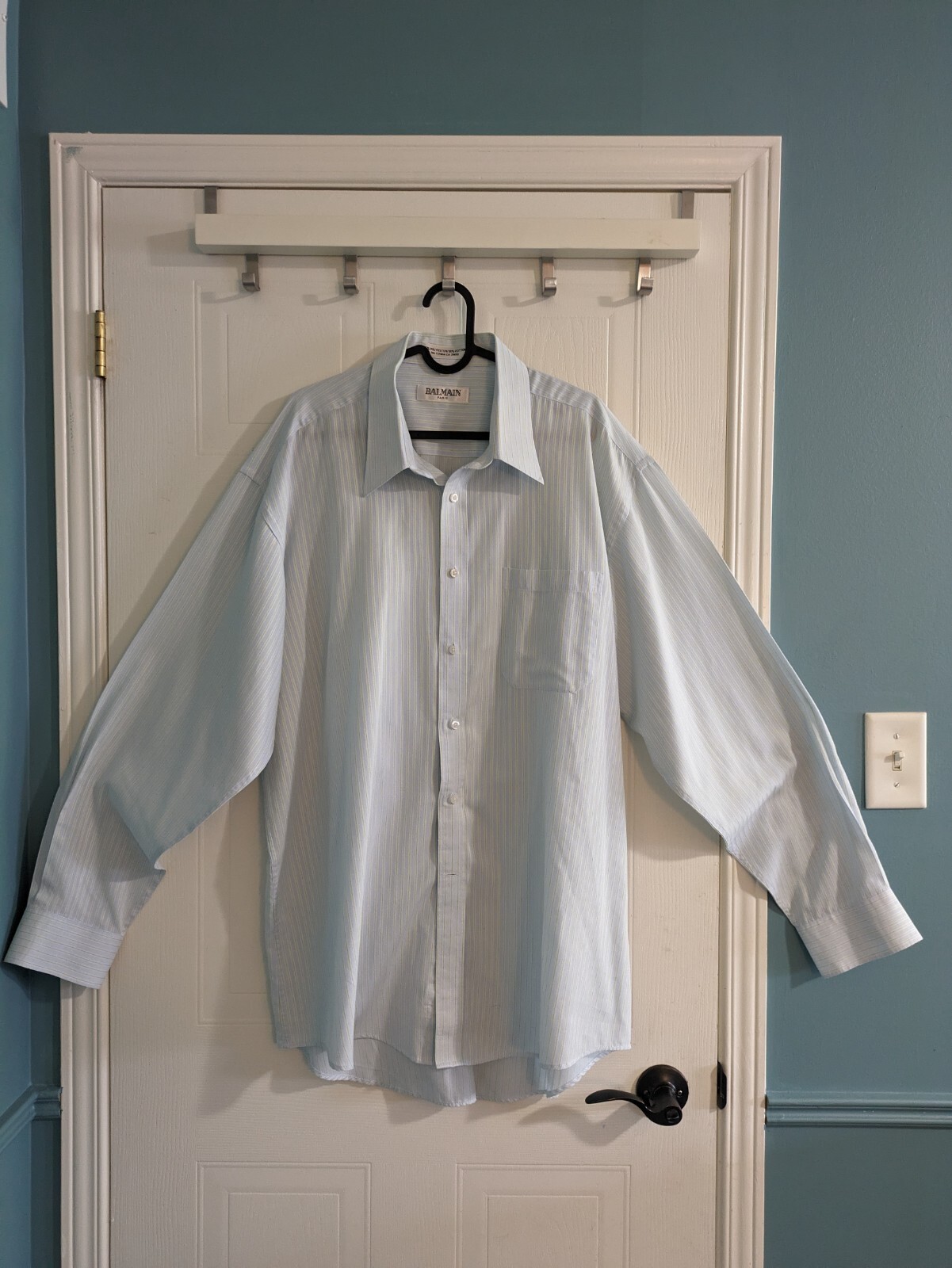 Vintage Balmain Paris Dress Shirt Mens XLT 17.5 36/37 Blue Green