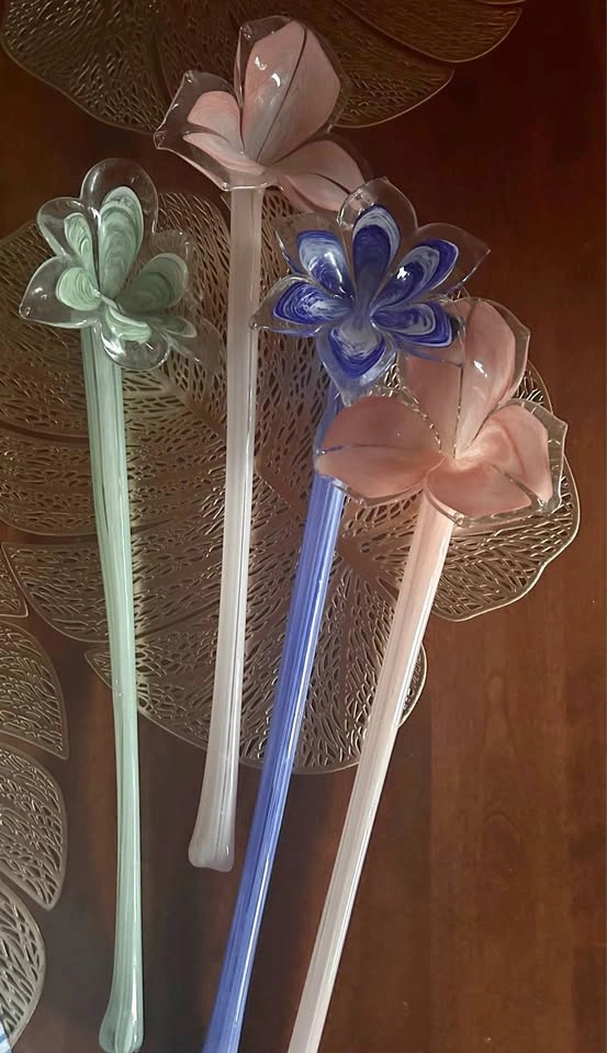 Vintage Hand Blown Art Glass Flowers Long Stem Multicolored