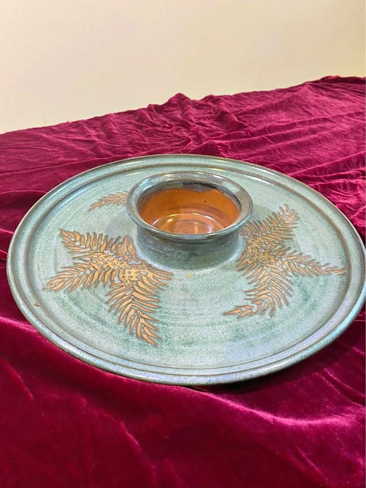 vintage hand made signed Art Pottery Dip & Chip Server