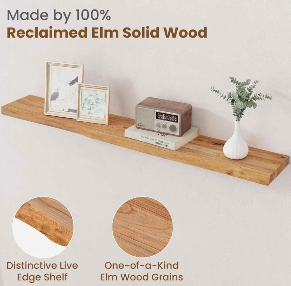 Floating Shelf for Wall Decor, Rustic Solid Elm Wood - photo 2