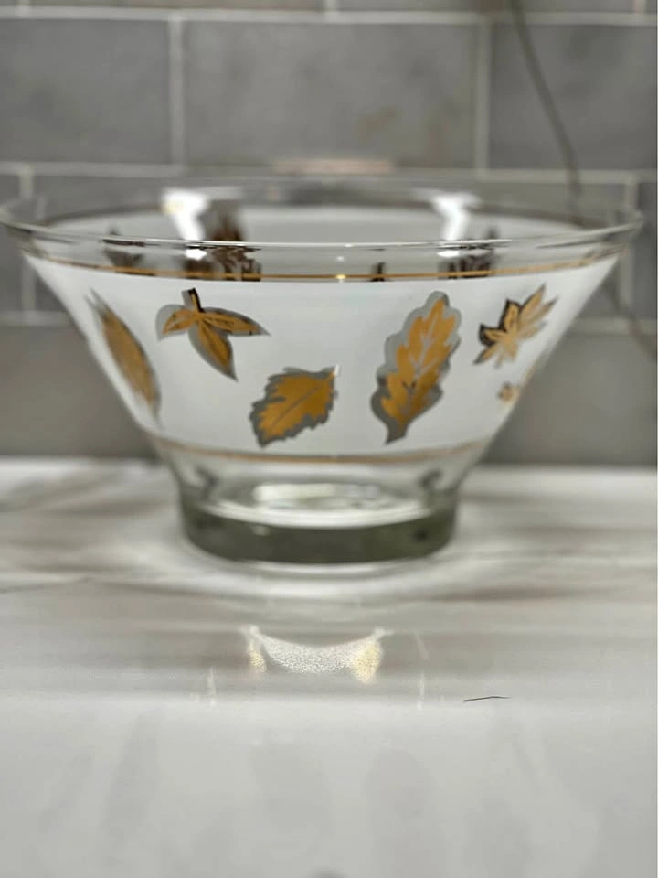 Vintage Mid-Century Gay Fad Golden Foliage Frosted Glass Bowl