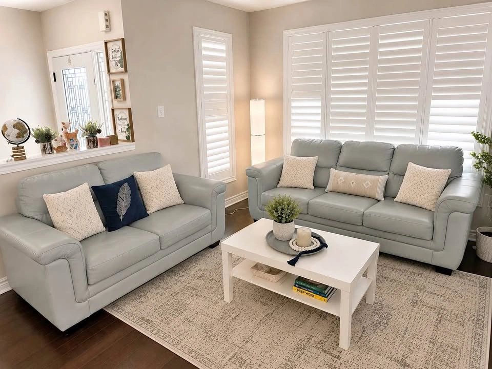 Light Blue Leather Sofa Set – 3 Seater + Loveseat