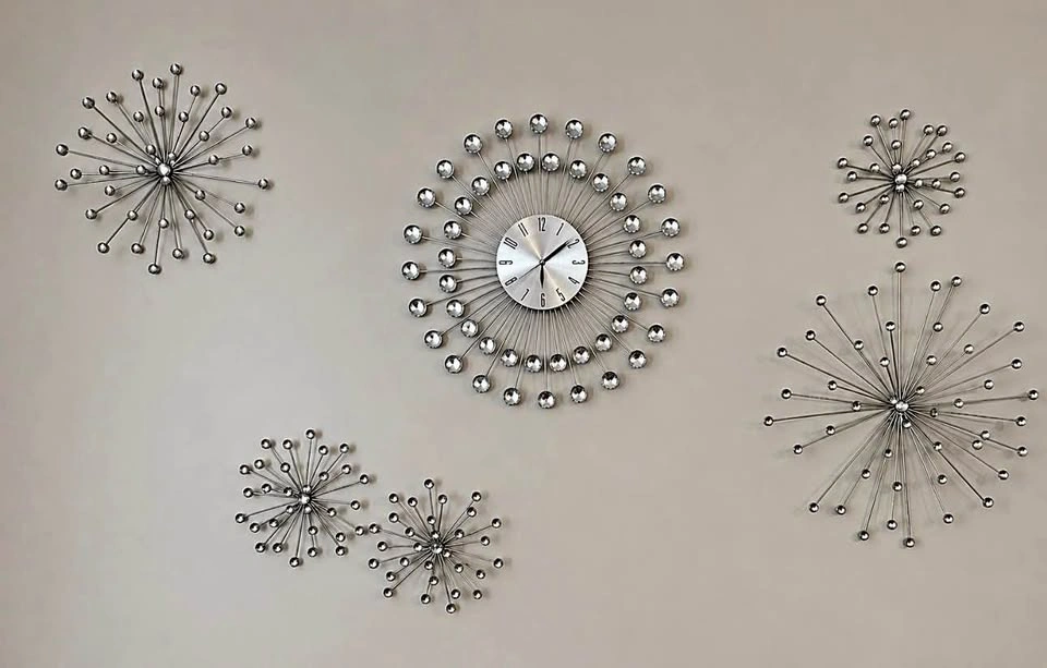 Modern Starburst Wall Decor Set with Clock – 5 Pieces