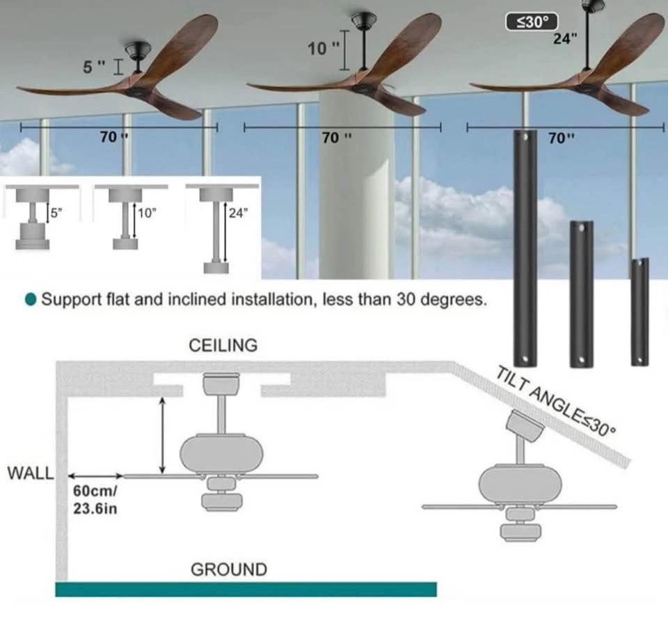 70” Wood Ceiling Fan with Remote – 3 Blade, 6-Speed DC Motor - photo 5