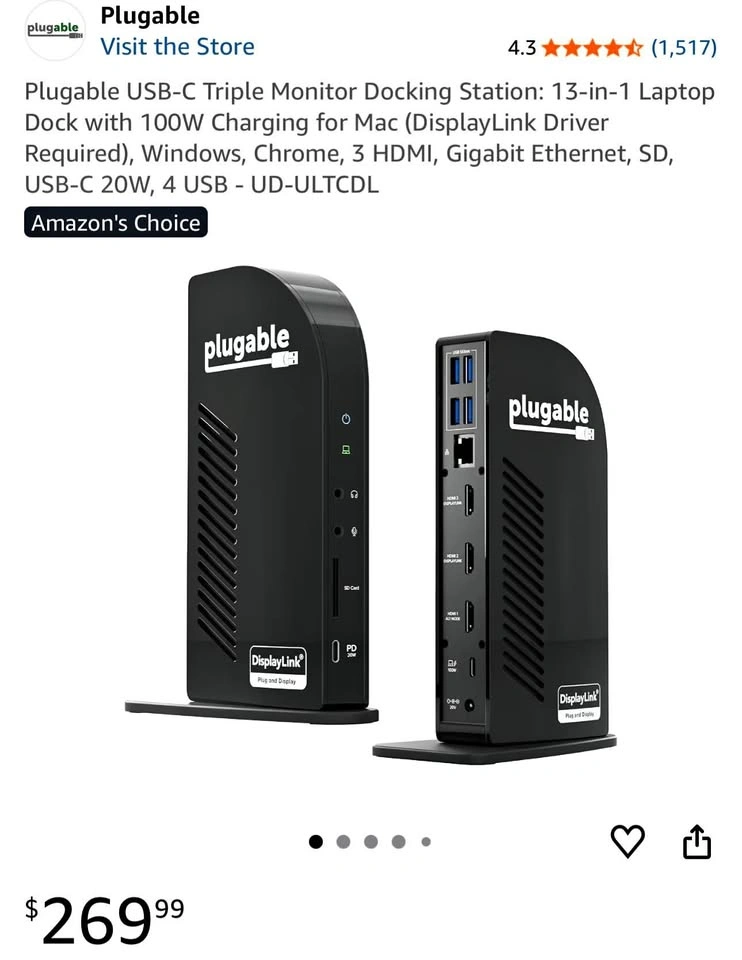 Plugable USB-C Triple Monitor Docking Station (UD-ULTCDL)
