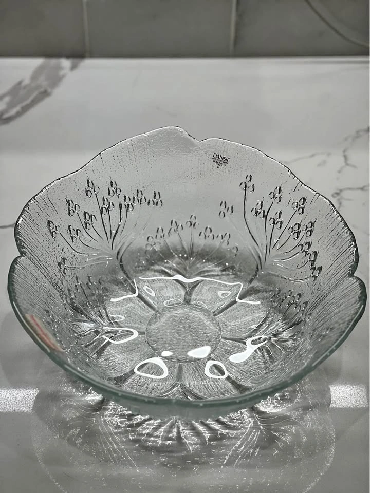 Vintage Dansk International Glass Floral Salad / Serving Bowl