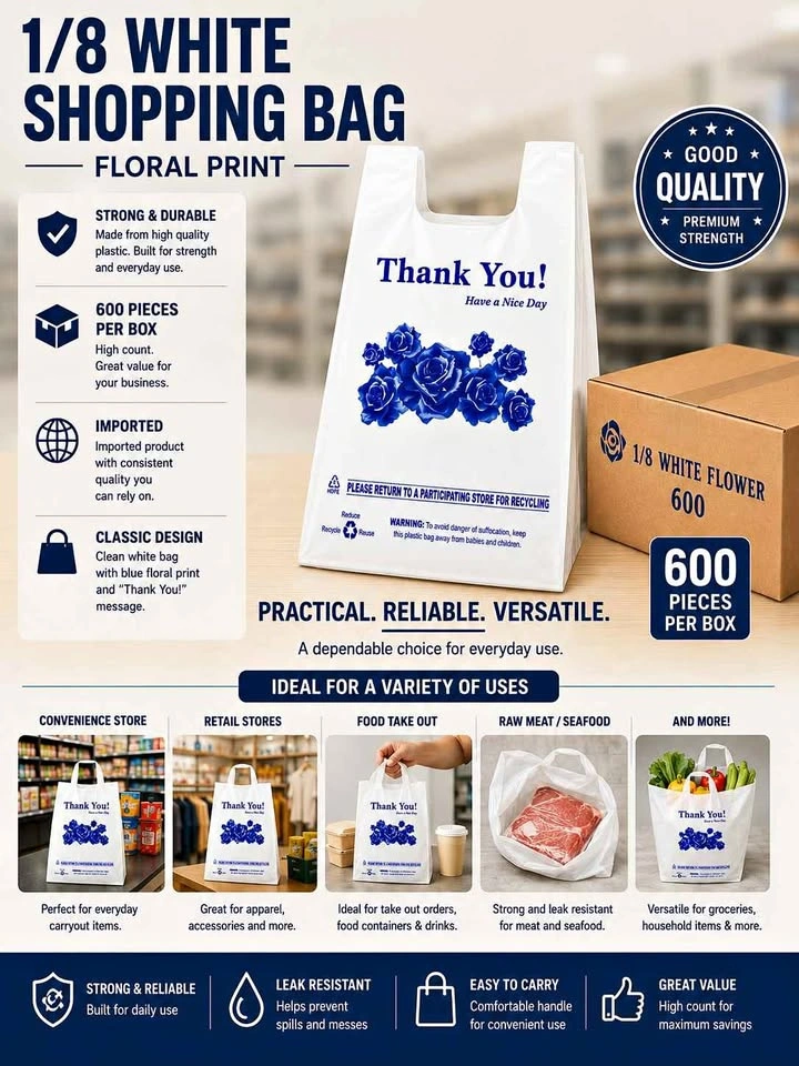 1/8 White Floral Print Thank You Shopping Bags 600 pcs