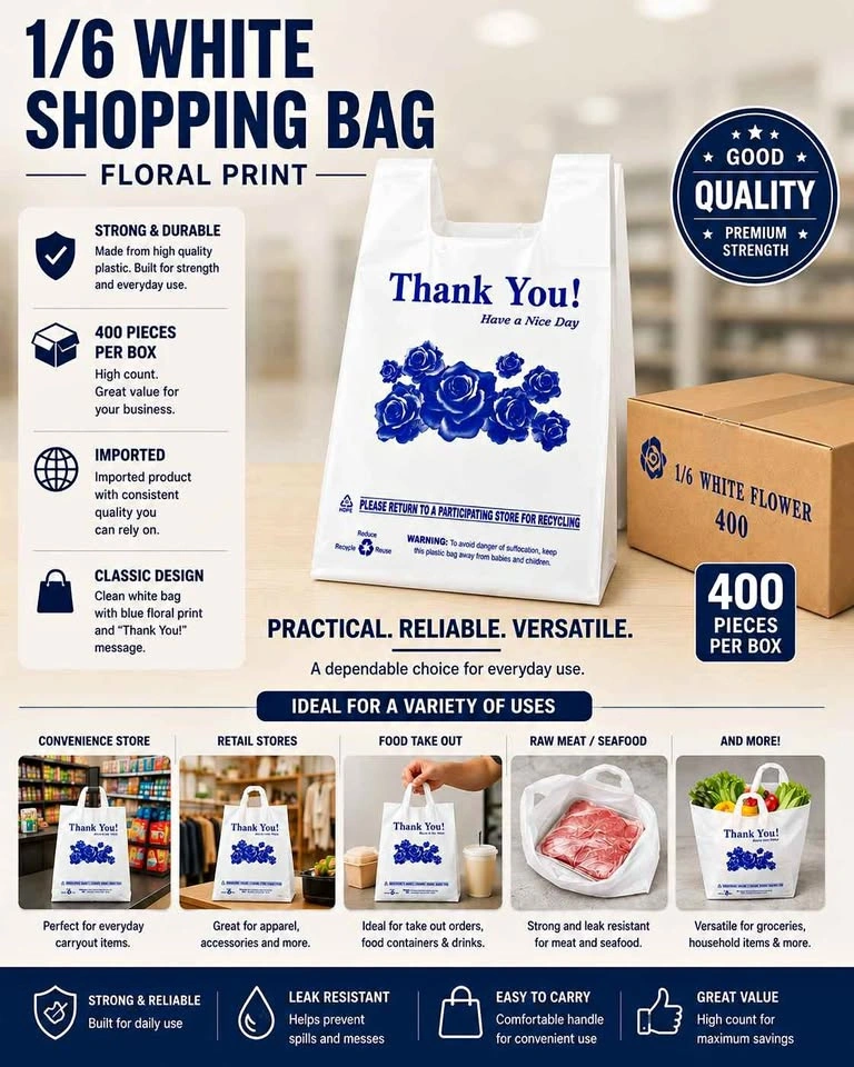1/6 White Floral Print Thank You Shopping Bags 400 Pieces