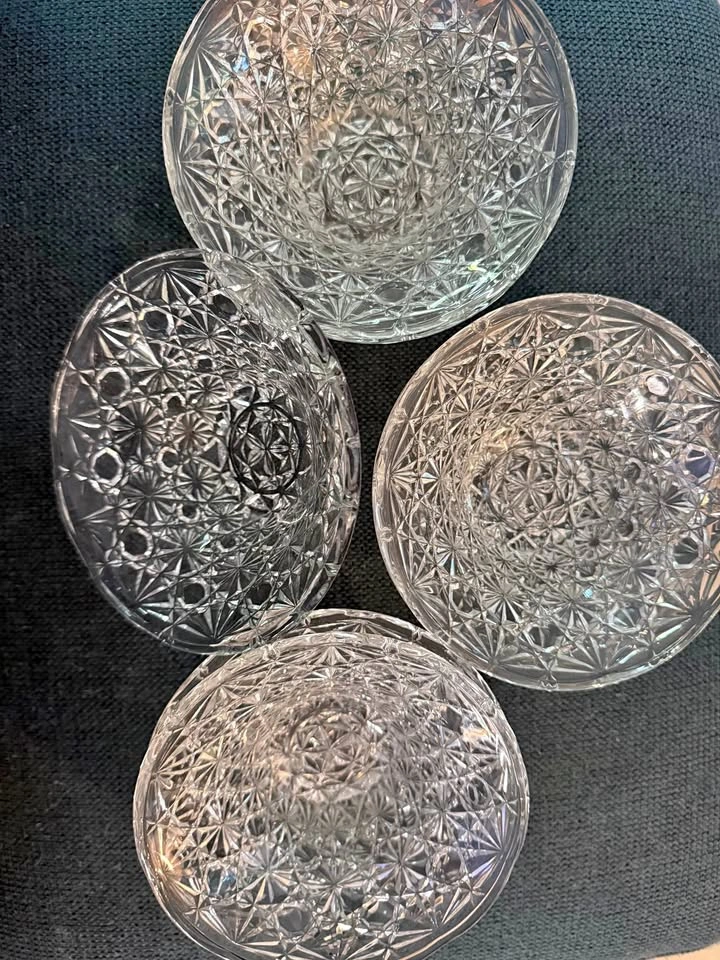 Set of Seven pressed glass starburst pattern dessert dishes