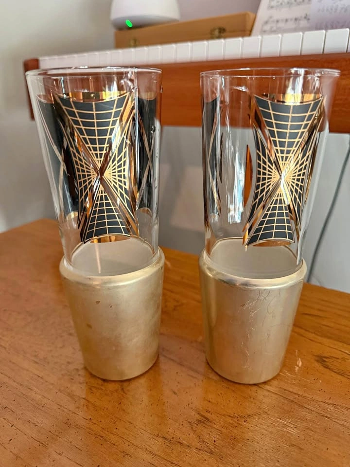 Vintage MCM Gold and Black geometric highball glasses with cozie
