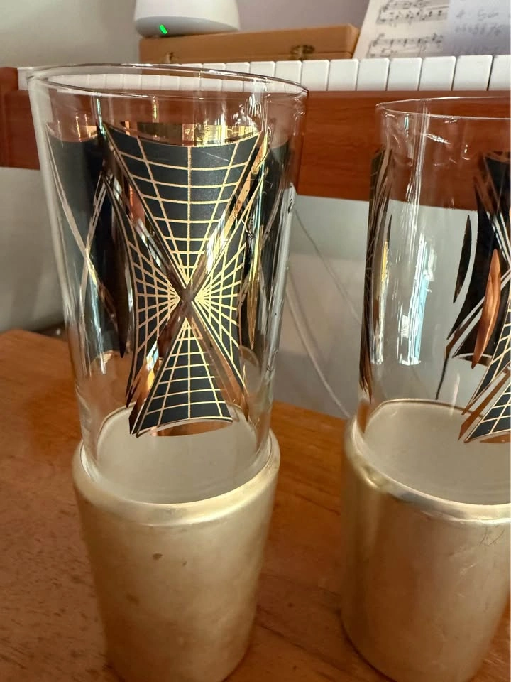 Vintage MCM Gold and Black geometric highball glasses with cozie - photo 2