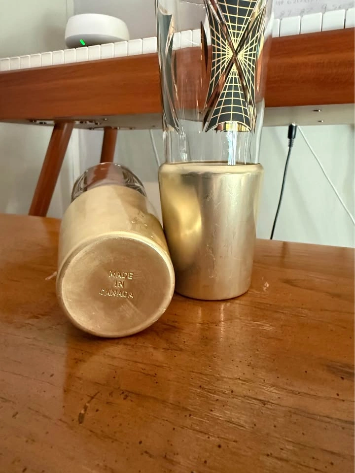 Vintage MCM Gold and Black geometric highball glasses with cozie - photo 3