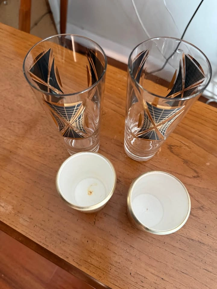 Vintage MCM Gold and Black geometric highball glasses with cozie - photo 5