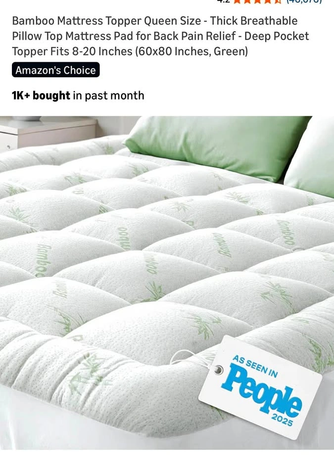 Bamboo Mattress Topper Queen Size - Thick Breathable Pillow Top