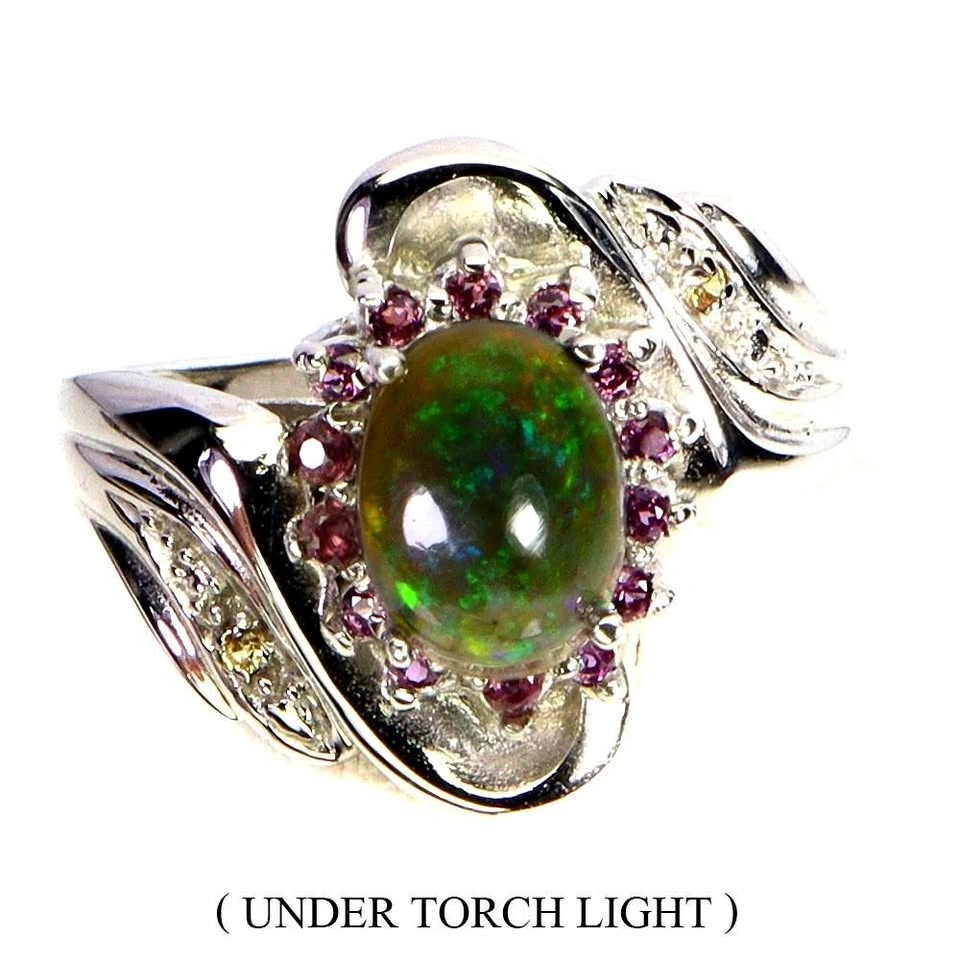 Black Opal and Sapphire Ring - 14K Gold Plated 925 Silver