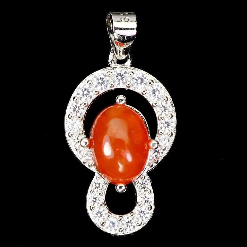 ORANGE FIRE OPAL PENDANT IN 14K WHITE PLATED GOLD OVER 925 STERL