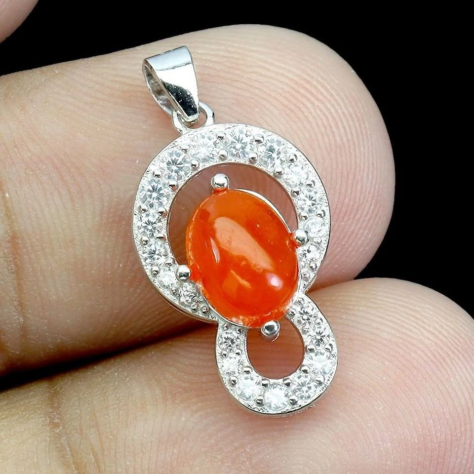 ORANGE FIRE OPAL PENDANT IN 14K WHITE PLATED GOLD OVER 925 STERL - photo 2
