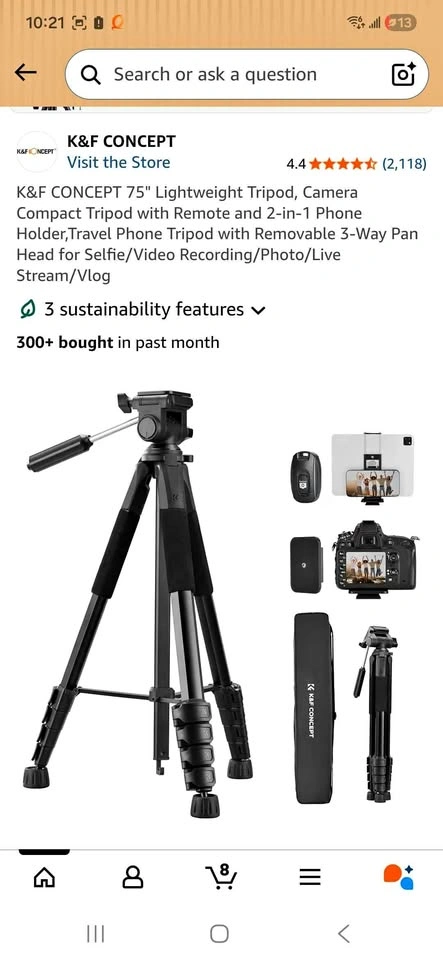 K&F CONCEPT 75" Lightweight Tripod with Remote and Phone Holder