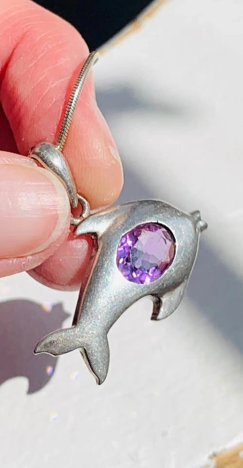 Vintage Sterling Amethyst Fish Pendant on 16” Chain
