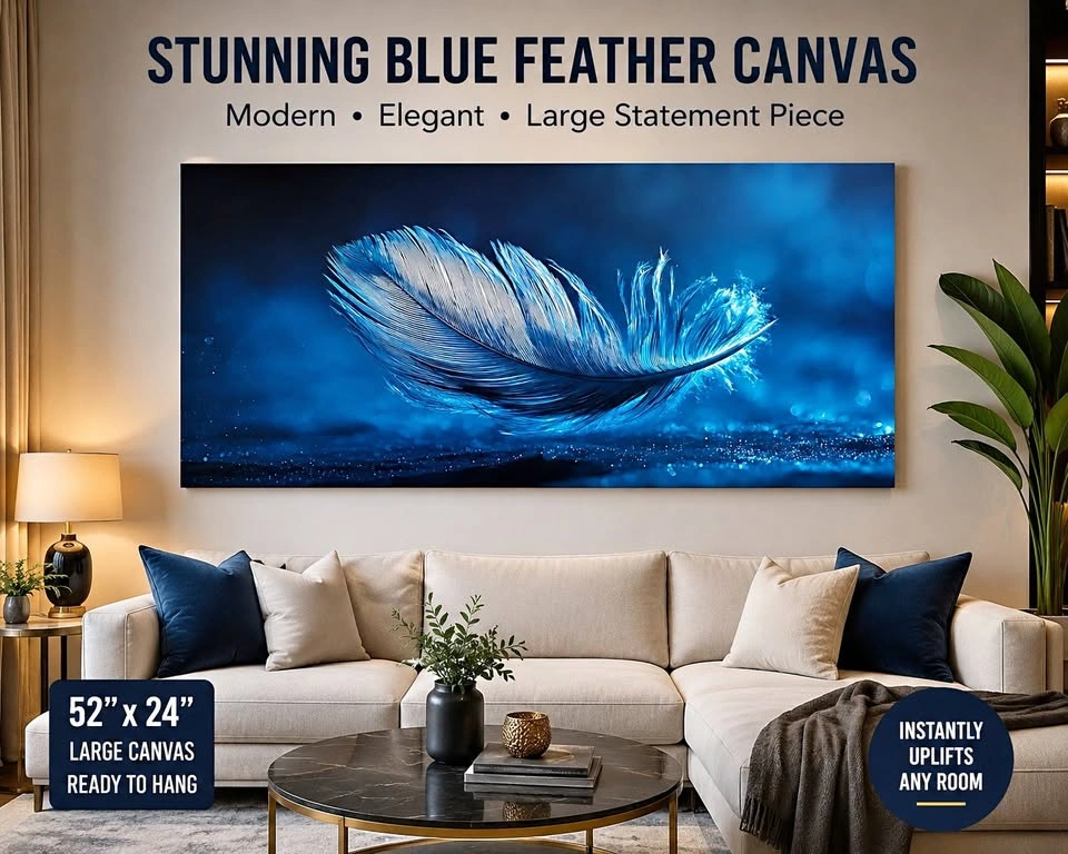 Large Luxury Canvas Wall Art – Blue Feather Design