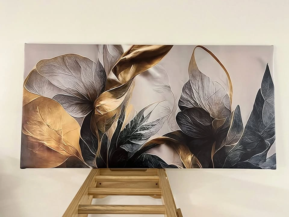 Large Gold Botanical Canvas Wall Art – 52x24 Framed Modern Decor