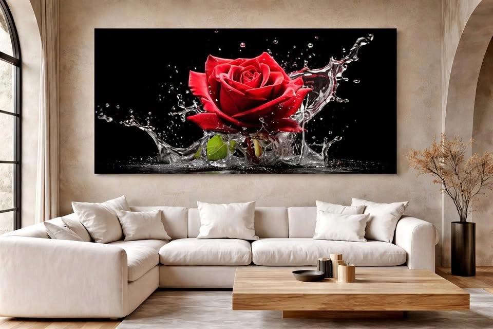 Large Red Rose Splash Canvas 52x24 Modern Wall Art