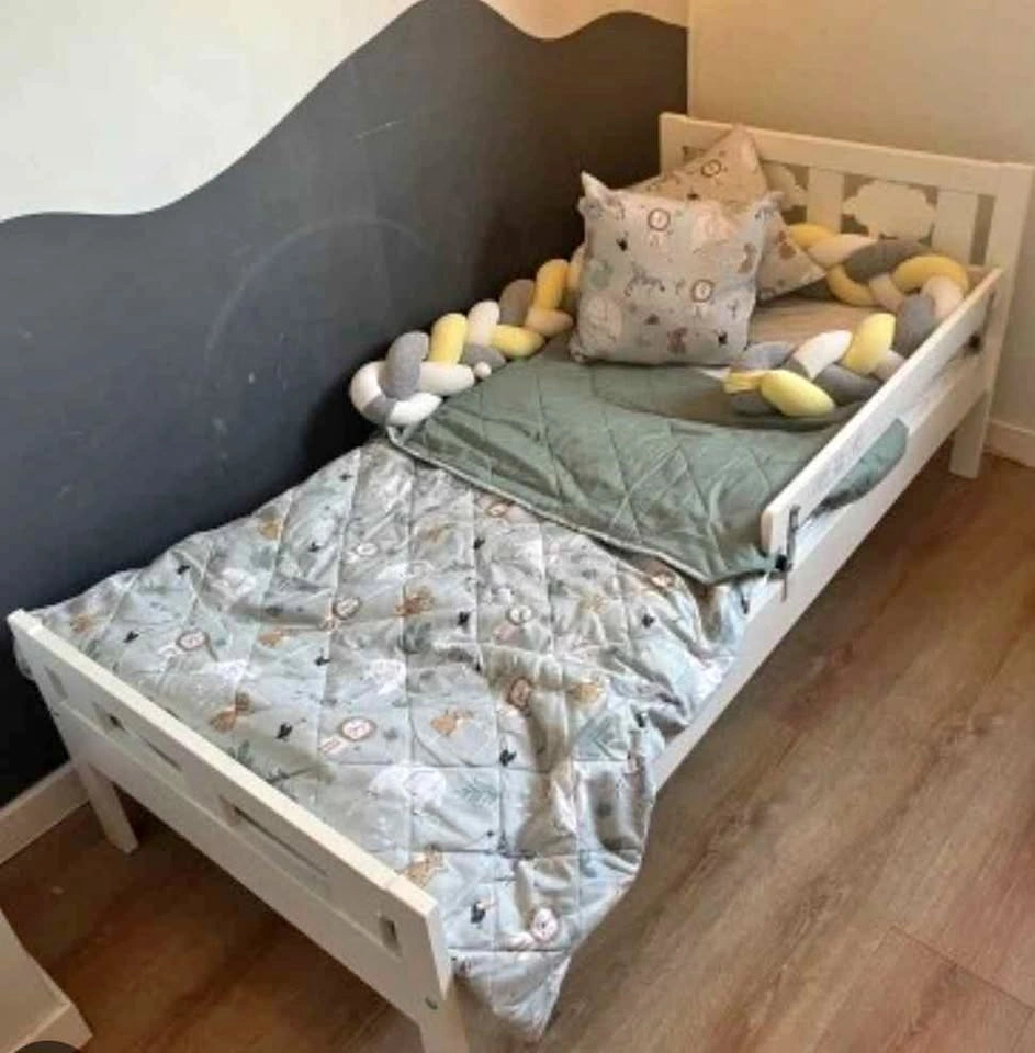 Kids Bed with safety railing + mattress + free fitted sheet
