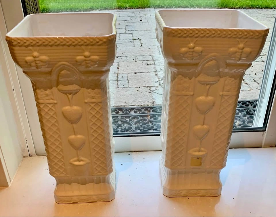 Pair of Heavy porcelain Enamel Coated White Planters