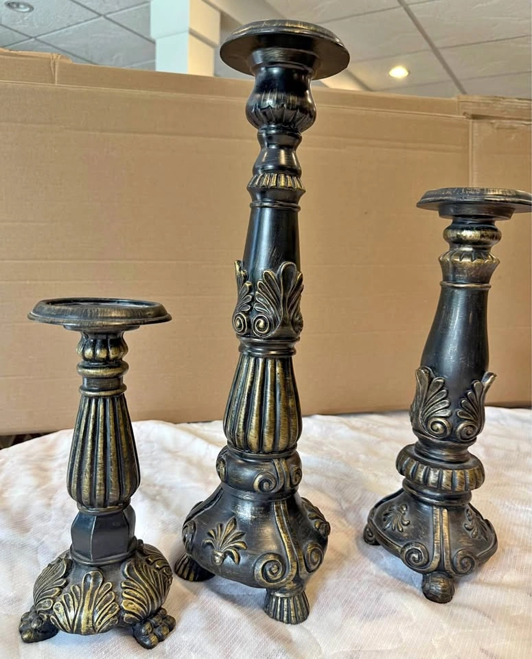 Elegant Black & Gold Distressed Candle Holders - Set of 3