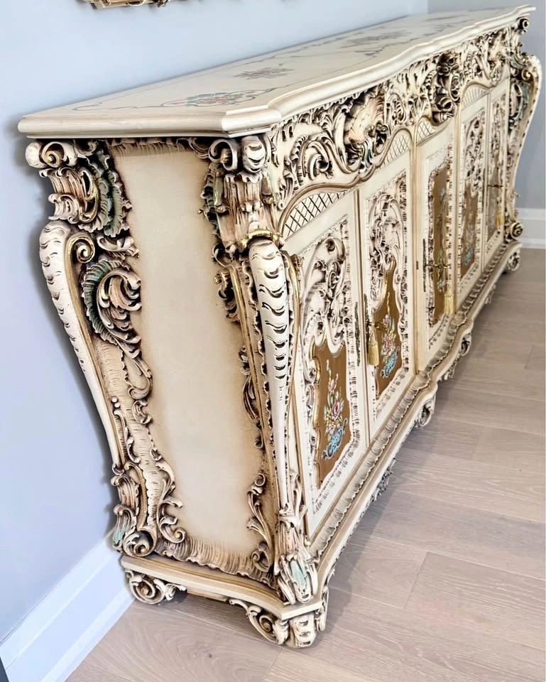 Authentic Italian Rococo Hand-Painted Sideboard & Mirror