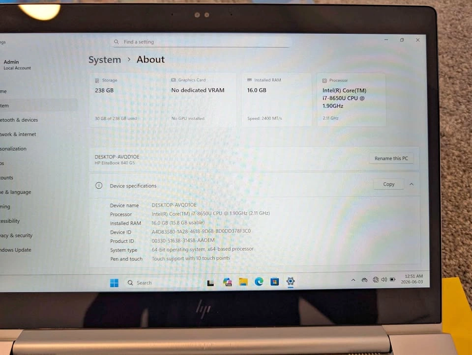 HP EliteBook 840 G5 i7 16GB RAM 256GB SSD Touchscreen Laptop