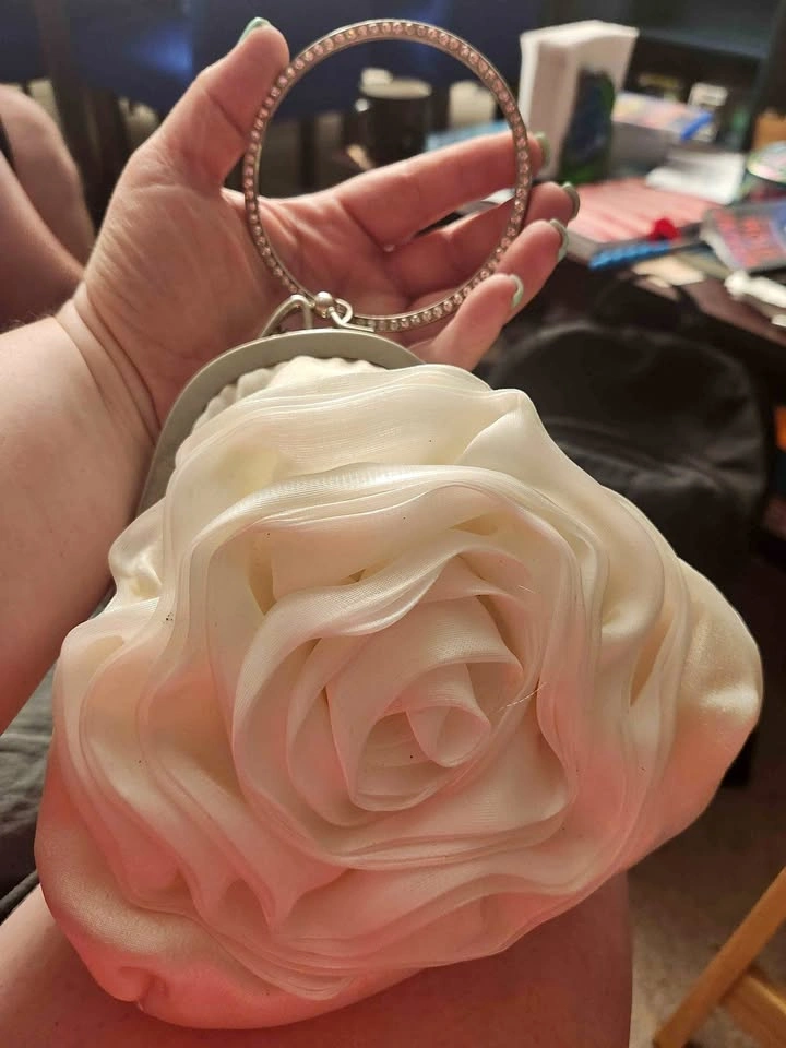 Elegant White Rose Clutch Purse with Rhinestone Handle