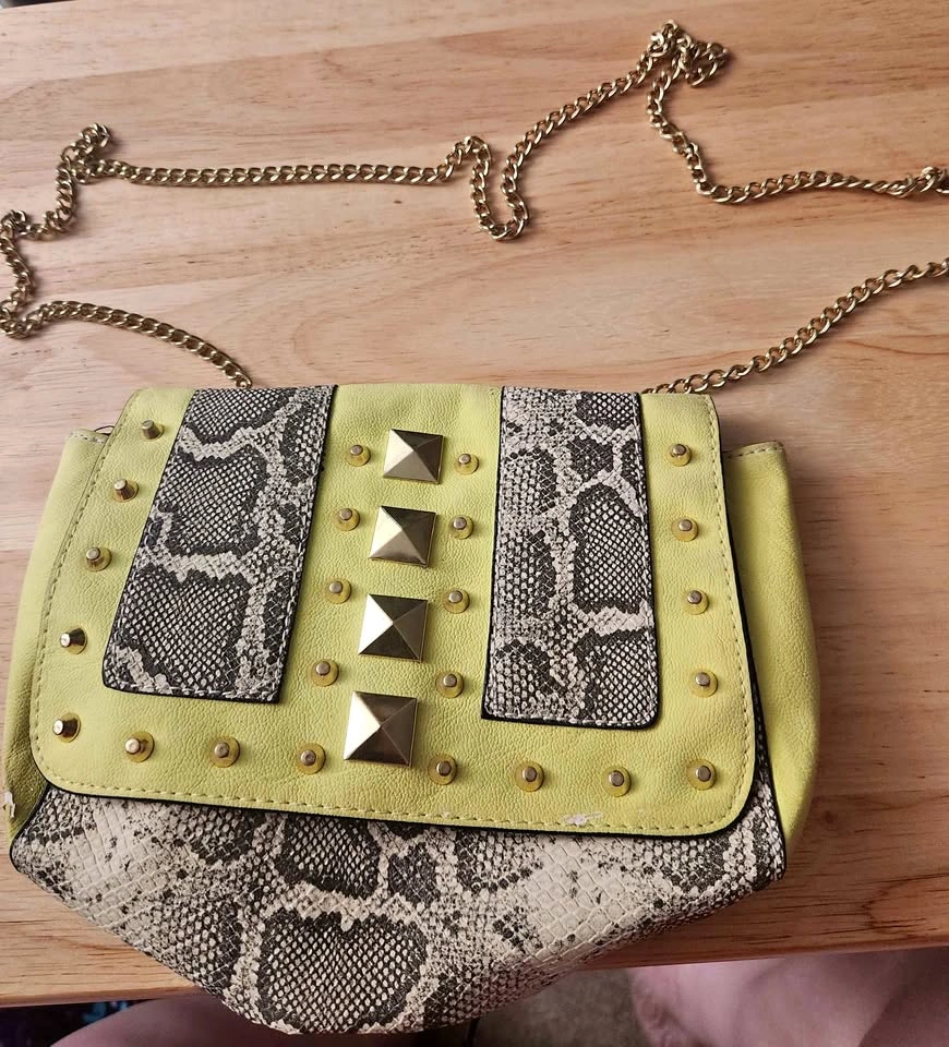 H&M Neon yellow snakeskin studded chain strap clutch bag