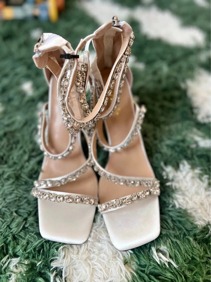 Driccie White Rhinestone Heels Sandals Square Toe