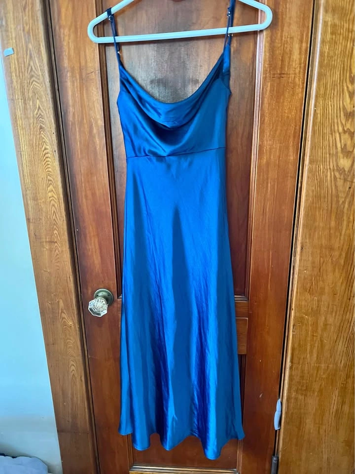 Mogidol Blue Satin Cowl Neck Slip Dress XS